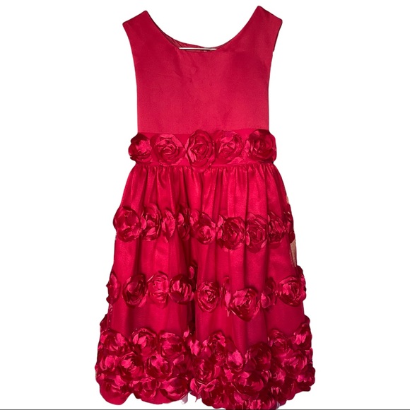 Bonnie Jean red dress in satin like material & beautiful rose skirting, size 6X - Picture 1 of 7